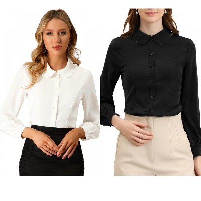 Allegra K Women's Work Peter Pan Collar Long Bishop Sleeve Button Down Shirt 2 Packs