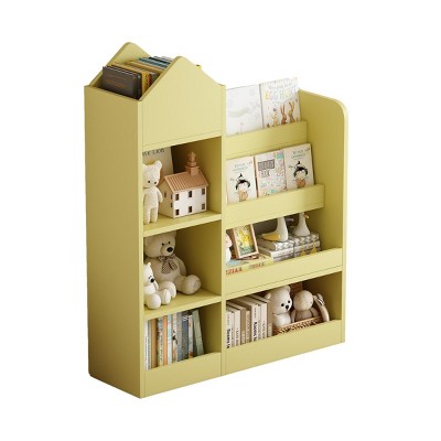 INFURNIC Kids Book Storag Decorative Bookshelf Multi Shelf Organizer Magazine Rack With Baskets Cubby Shelf For Books Toys, Yellow, 31.5"*11.8"*39.5