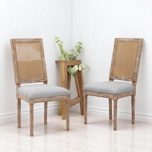 Set of 2 Dining Chairs with Cane Backrest & Upholstered Fabric Seats, Distressed Rubberwood Frame, Dining Room Chairs for Kitchen - 1 of 4