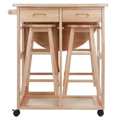 Light Wood Folding Table with 2 Stools and Wheels