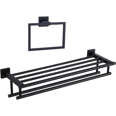 Mixxidea 24-Inch Towel Shelf with Holder Bundle with Square Towel Ring (Matte Black)