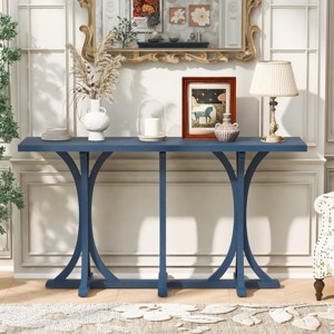 59.8" Farmhouse Entryway Console Table with Curved Legs and Oak Veneer Top, Narrow Accent Table for Living Room or Hallway -3irtyhousy - 1 of 4