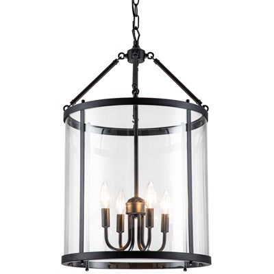 LLHZSY 4 - Light Black Farmhouse Lantern Glass Drum Pendant Chandelier for Entryway Dining Room Kitchen Island - 16" Wide Rustic Clear Glass Shade