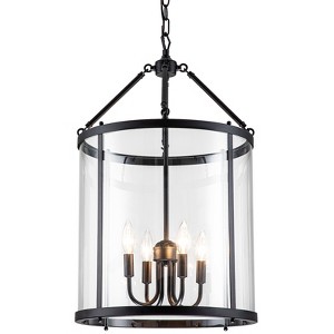 LLHZSY 4 - Light Black Farmhouse Lantern Glass Drum Pendant Chandelier for Entryway Dining Room Kitchen Island - 16" Wide Rustic Clear Glass Shade - 1 of 4