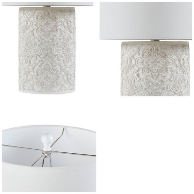 Ivory Floral Embossed Resin Cylinder Table Lamp with 3-Way Switch