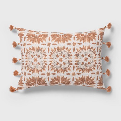 Oblong Block Print Tassel Decorative Throw Pillow Warm Blush - Threshold™