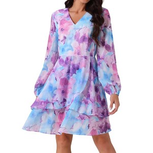 Seta T Women's V Neck Floral Long Sleeve High Waist Chiffon Ruffle Swing Skater Mini Dress - 1 of 4