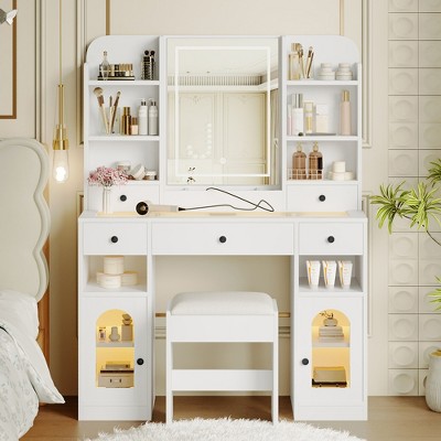 YOOCOZZ Vanity Table with Stool, Touchscreen LED Mirror, Glass Tabletop, Charging Station and Multiple Storage Space - White