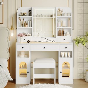 YOOCOZZ Vanity Table with Stool, Touchscreen LED Mirror, Glass Tabletop, Charging Station and Multiple Storage Space - White - 1 of 4