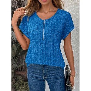 Women's Relaxed Fit Short Sleeve Top - Zip Front Soft Drape Shirt  Casual Pullover for Daily Wear - 1 of 4
