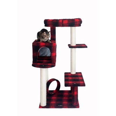 50-Inch Red and Black Plaid Sisal Cat Tree with Lounger
