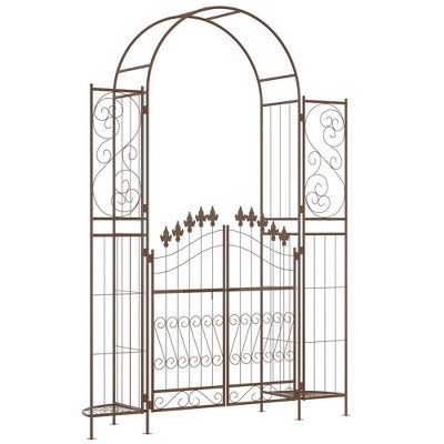 Resenkos Garden Arch Plant Support Trellis,7' Metal Garden Arbor, Garden Arch with Gate, Latching Doors, Planter Shelves, Brown