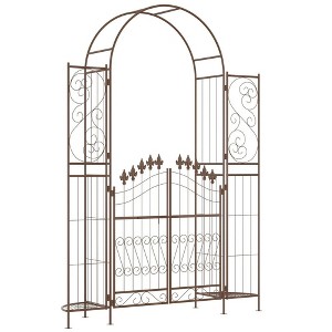Resenkos Garden Arch Plant Support Trellis,7' Metal Garden Arbor, Garden Arch with Gate, Latching Doors, Planter Shelves, Brown - 1 of 4