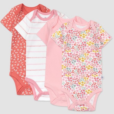 Image of Honest Baby Girls' 4pk Organic Cotton Meadow Floral Short Sleeve Bodysuit - Pink/White 6-9M