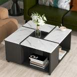 UV High-gloss Marble Coffee Table, Square Cocktail Table with Casters, White+Black-ModernLuxe