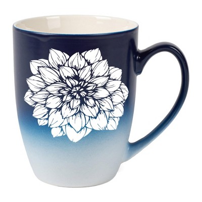 Elanze Designs Botanical Floral Nature Coffee Cup Mug 12 Ounce Ceramic With Ombre Gradient Elegant Minimalist Dahlia Flower Silhouette Navy Blue and