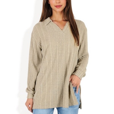 Anna-Kaci Women's Ribbed Long Sleeve V-Neck Pullover Top with Collar and Side Slits