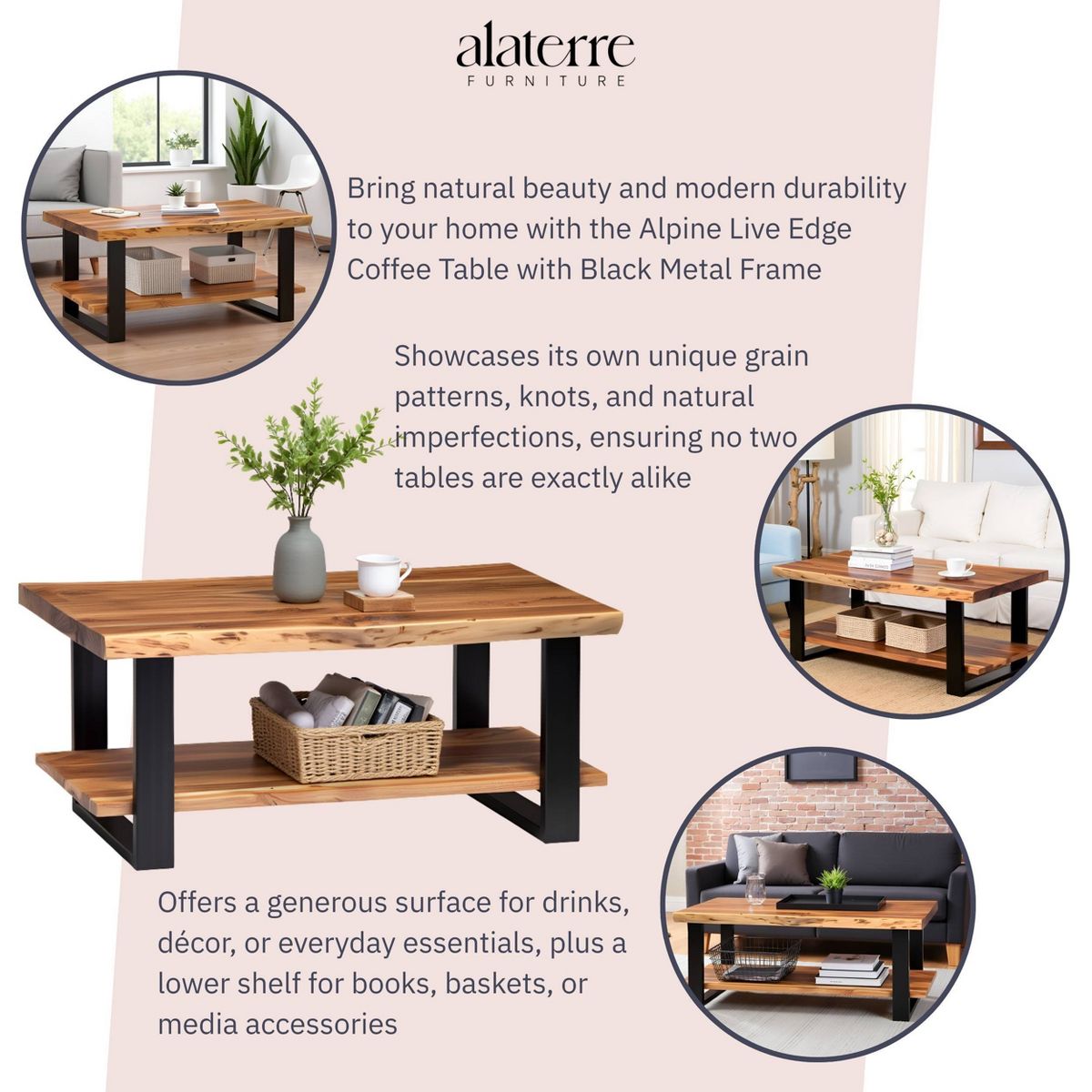 Alpine Live Edge Wood Coffee Table Natural - Alaterre Furniture - thumbnail 3