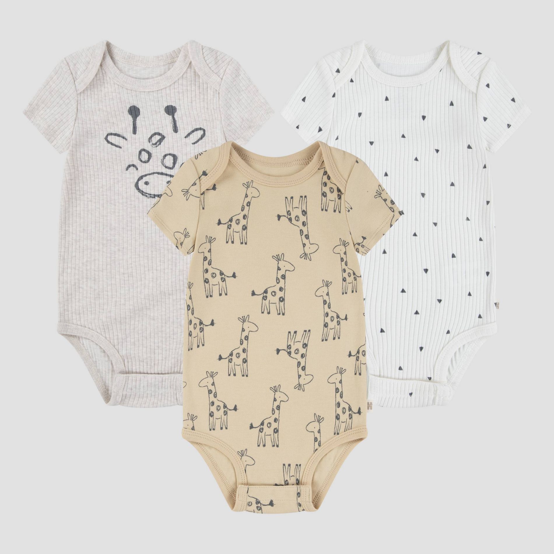 Huggies Baby 3pk Giraffes Short Sleeve Bodysuit - Neutral Newborn: Organic Cotton Knit, Animal Pattern, Crotch Snap Closure