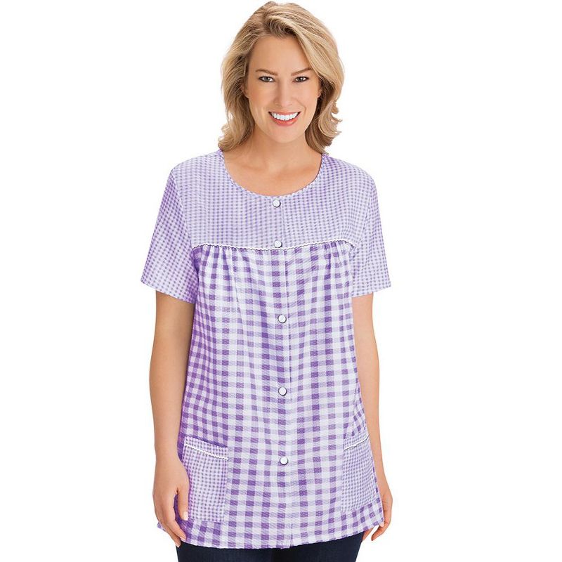 Collections Etc Seersucker Checkered Pattern Snap Front Top with Pockets, Lightweight Short-Sleeve Scoop Neckline Shirt, 3 of 4