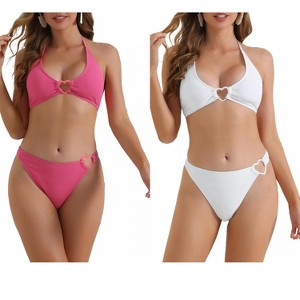 INSPIRE CHIC Women's Ribbed Textured Halter Cute Heart Ring Triangle Bottoms Swimwear Bathing Bikini Suits 2 Sets - 1 of 4