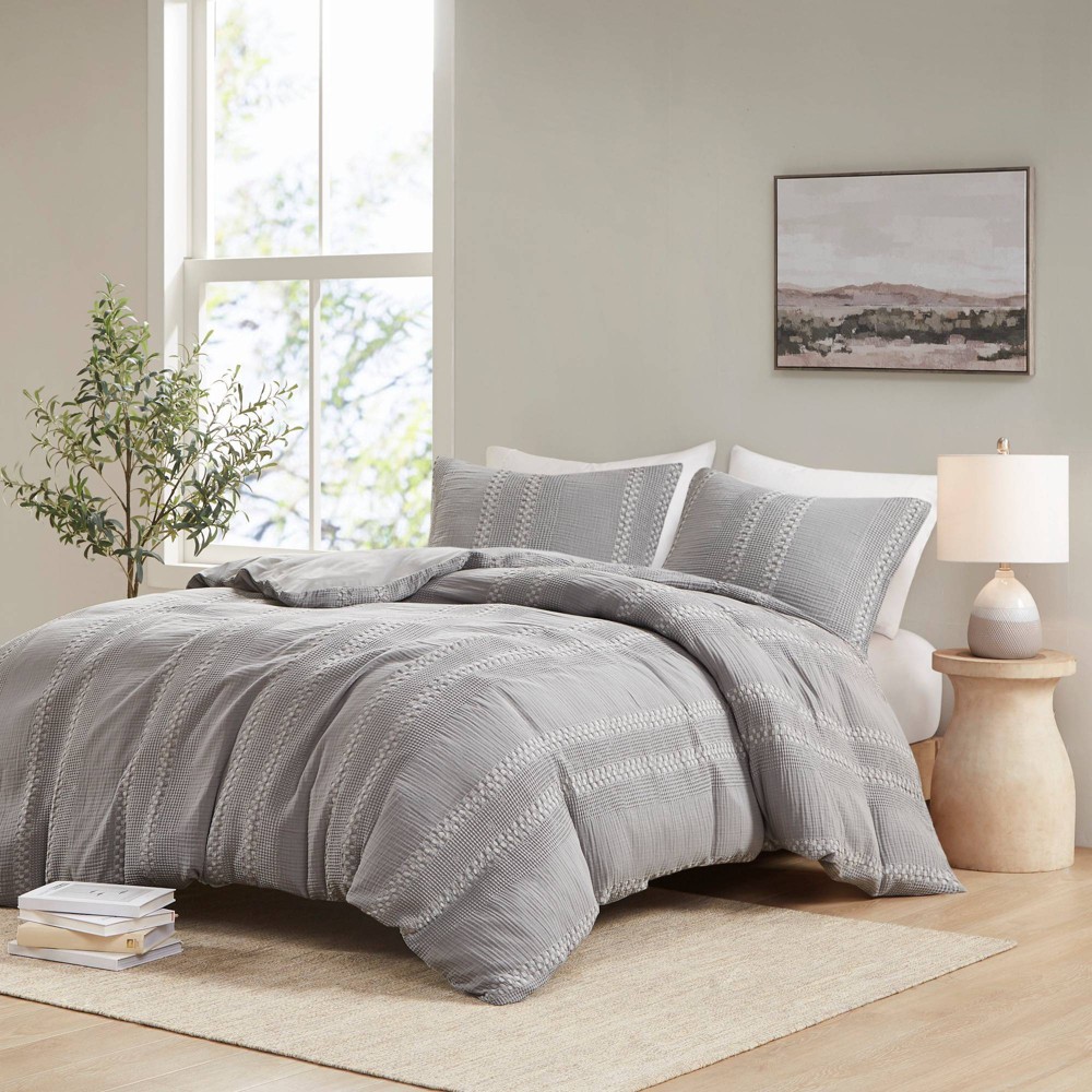Photos - Bed Linen 3pc Full/Queen Hailey Cotton Gauze Waffle Weave Duvet Cover Set Gray - Urb