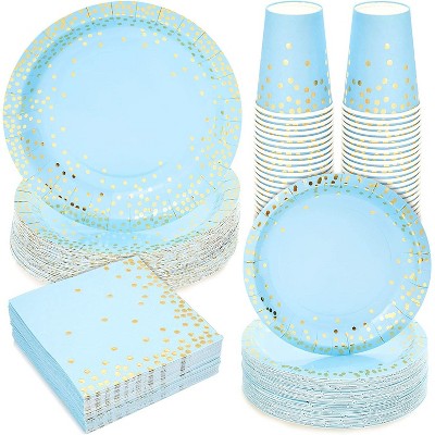 Dinnerware Set for Boy Baby Shower, Gold Foil Polka Dot (Serves 50, 200 Pieces)