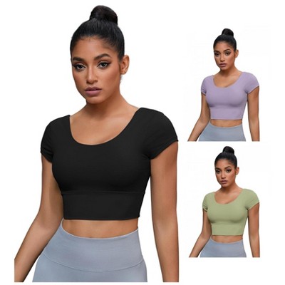 INSPIRE CHIC 3 Packs Women's U Neck Short Sleeve Deep V Back Shapewear Workout Tank Tops with Bulit in Bra