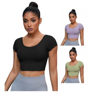 INSPIRE CHIC 3 Packs Women's U Neck Short Sleeve Deep V Back Shapewear Workout Tank Tops with Bulit in Bra - 1 of 4