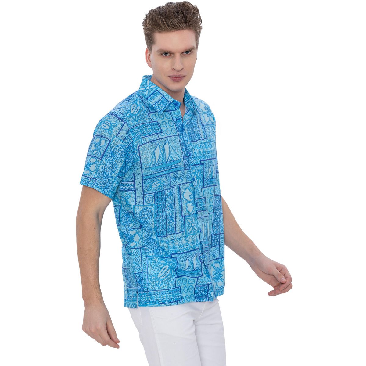 HAPPY BAY Men's Hawaiian Shirt Fashion Button Down Short Sleeves Holidays Aloha Party Casual Tops Summer Beaches Shirts for Men XXL Blue Floral - thumbnail 5
