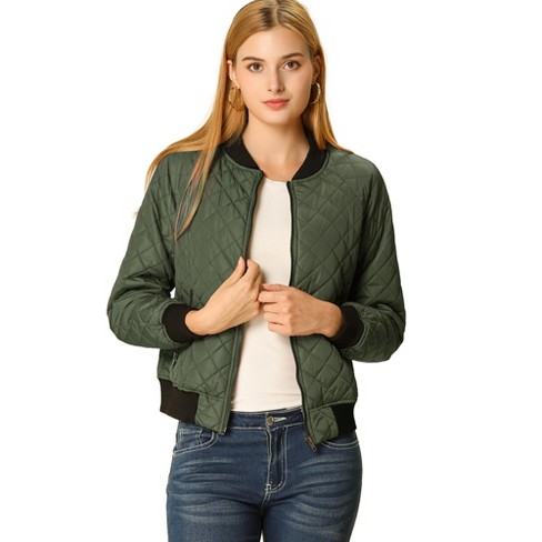 Allegra K Women's Quilted Raglan Sleeves Zip Up Bomber Jacket Dark Green XL