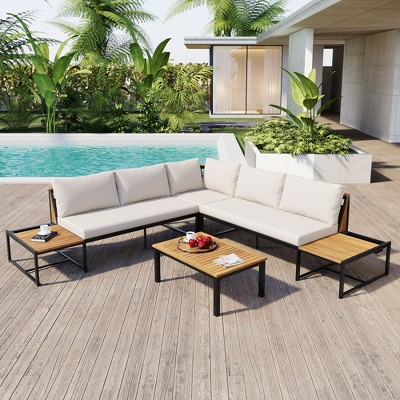 Sapphtopaz Outdoor Patio Furniture Set Lounge Outdoor Couch Conversation Patio Chairs with Wooden Coffee Table Sofa Set for Terrace, Garden