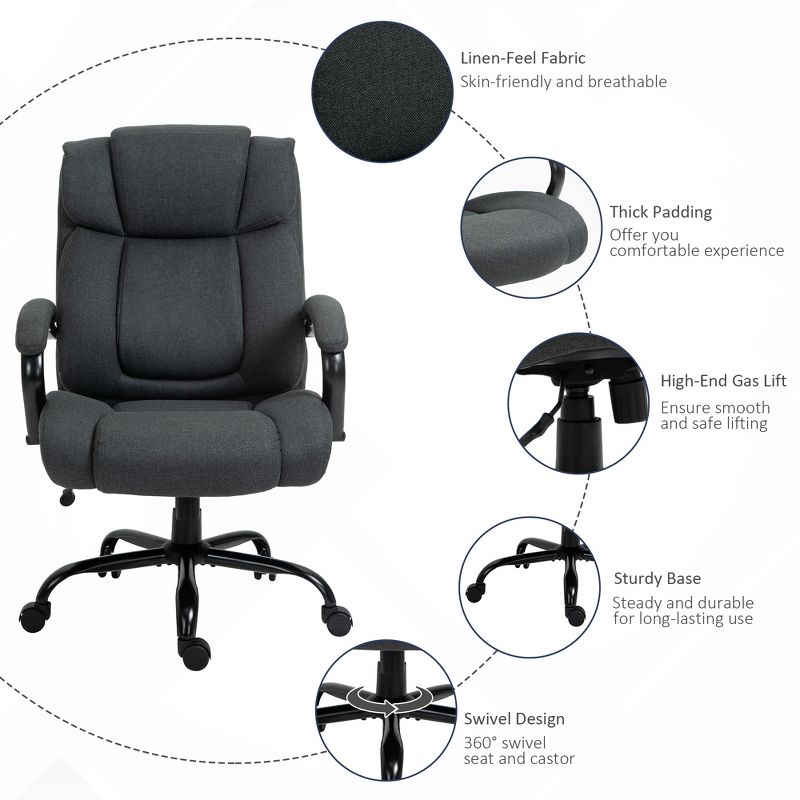 Vinsetto High Back Big and Tall Executive Office Chair 484lbs with Wide Seat Computer Desk Chair with Linen Fabric Swivel Wheels Charcoal Gray, 6 of 10