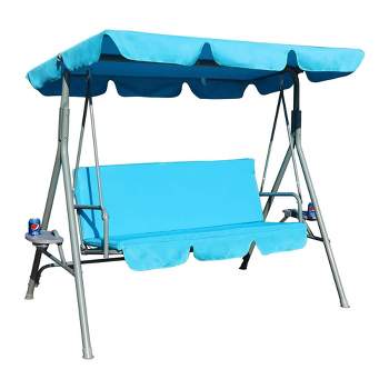 GOLDSUN 3 Person Outdoor Weather Resistant Patio Glider Swing Hammock Chair w/ Utility Tray & Sunshade Canopy for Patio, Garden, Deck, or Pool, Blue