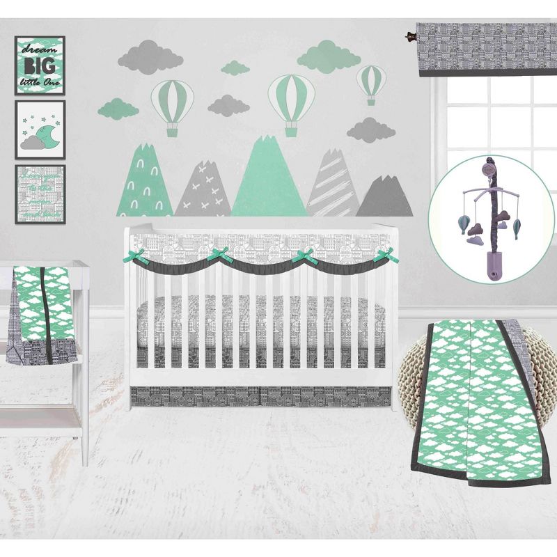 Bacati - Clouds in the City Mint/Gray 10 pc Crib Bedding Set with Long Rail Guard Cover, 1 of 12