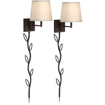 360 Lighting Lanett Modern Swing Arm Wall Lamps Set of 2 with Cord Covers Painted Bronze Plug-in Light Fixture Oatmeal Empire Shade for Bedroom House