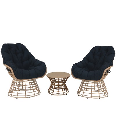 360° Swivel Chairs for Outside Patio Set of 3,PE Wicker Luxury Lounger Chair with Coffe Table,Soft Cushion for Apartment Balcony,Patio,Porch,Yard