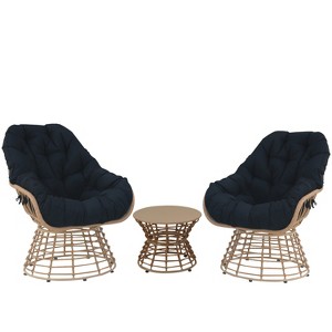 360° Swivel Chairs for Outside Patio Set of 3,PE Wicker Luxury Lounger Chair with Coffe Table,Soft Cushion for Apartment Balcony,Patio,Porch,Yard - 1 of 4