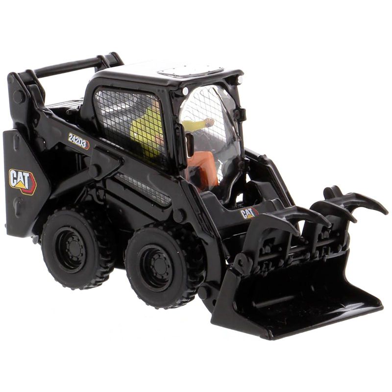 CAT Caterpillar 242D3 Wheeled Skid Steer Loader w/Work Tools & Operator Special Black Paint 1/50 Diecast Model Diecast Masters, 4 of 7