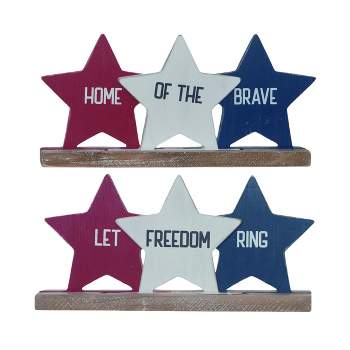 Transpac American Patriotic Red White Blue Star Block Tabletop Layered Wood Decor Set of 2