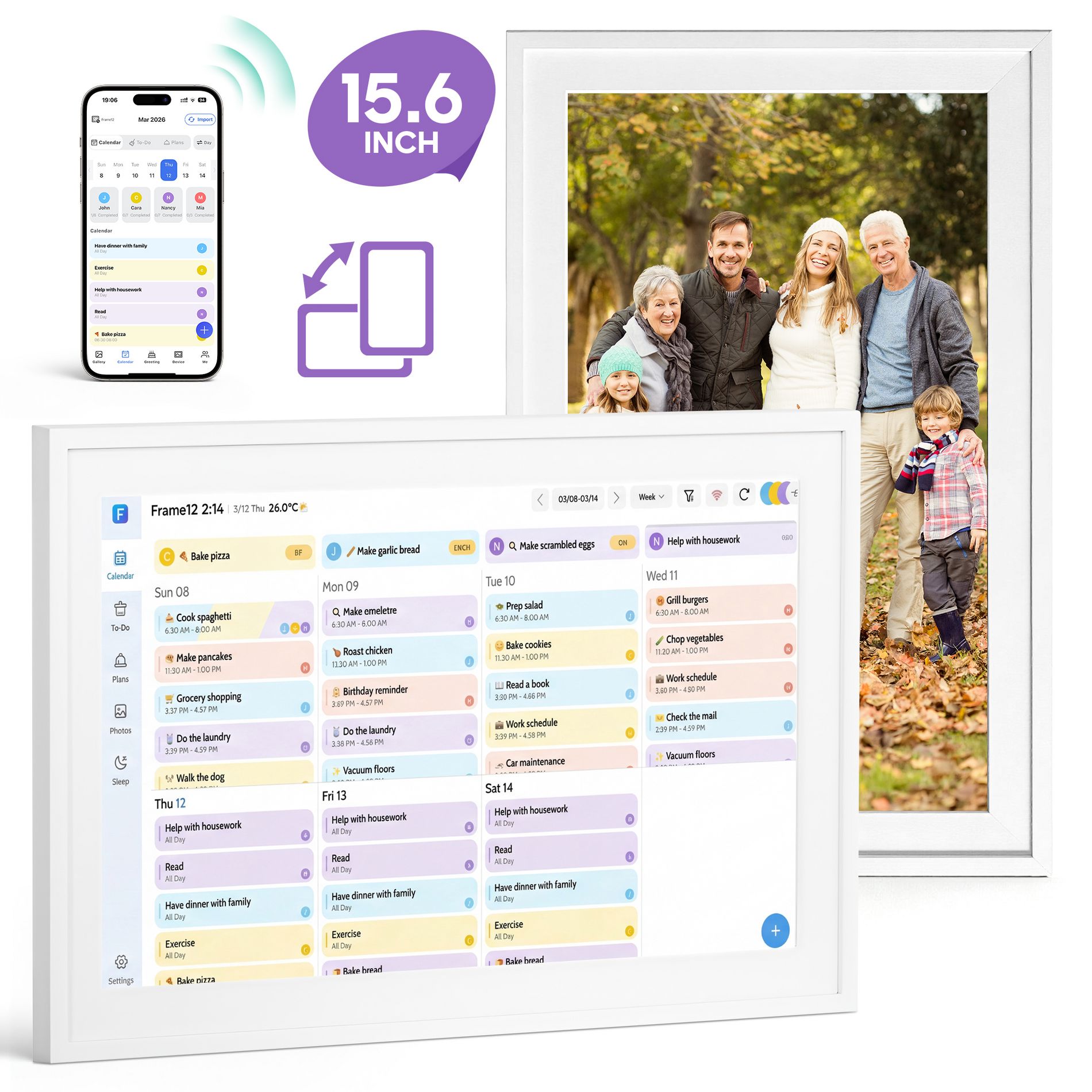15.6 Inch Digital Family Calendar, Smart WiFi Touchscreen Wall Planner with Chore Chart and Meal Planner