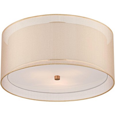 Antique Brass Double Drum Modern Ceiling Light with Champagne Organza Shade