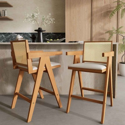 Set of 2 Cane-Style 27 Inch Bar Stool, PE Rattan Armrest Bar Stool with Foam-Padded Fabric Seat, Bar Stool with Rubberwood Frame-Coolbibila