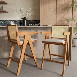 Set of 2 Cane-Style 27 Inch Bar Stool, PE Rattan Armrest Bar Stool with Foam-Padded Fabric Seat, Bar Stool with Rubberwood Frame-Coolbibila - 1 of 4