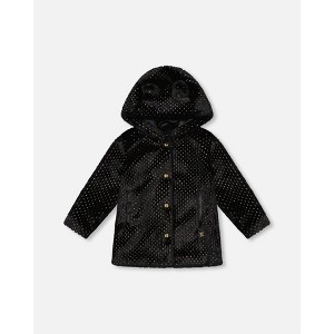 Deux par Deux Girl Bear Faux Fur Coat Black with Gold Polka Dots - 1 of 4