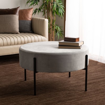 Lisbon Round Grey Velvet Cocktail Ottoman with Black Legs