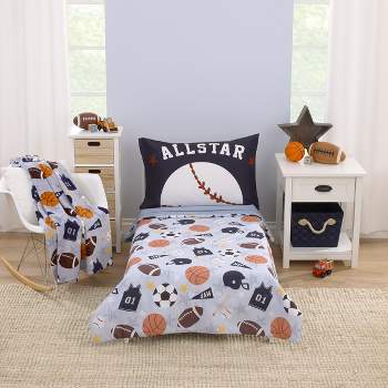 Everything Kids Sports Gray, Navy, Orange, and Brown Allstar 4 Piece Toddler Bed Set