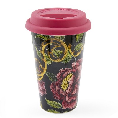Spode Creatures of Curiosity 10-Ounce Travel Mug with Lid, Tumbler for Coffee and Tea, Dishwasher and Microwave Safe, Dark Floral Motif