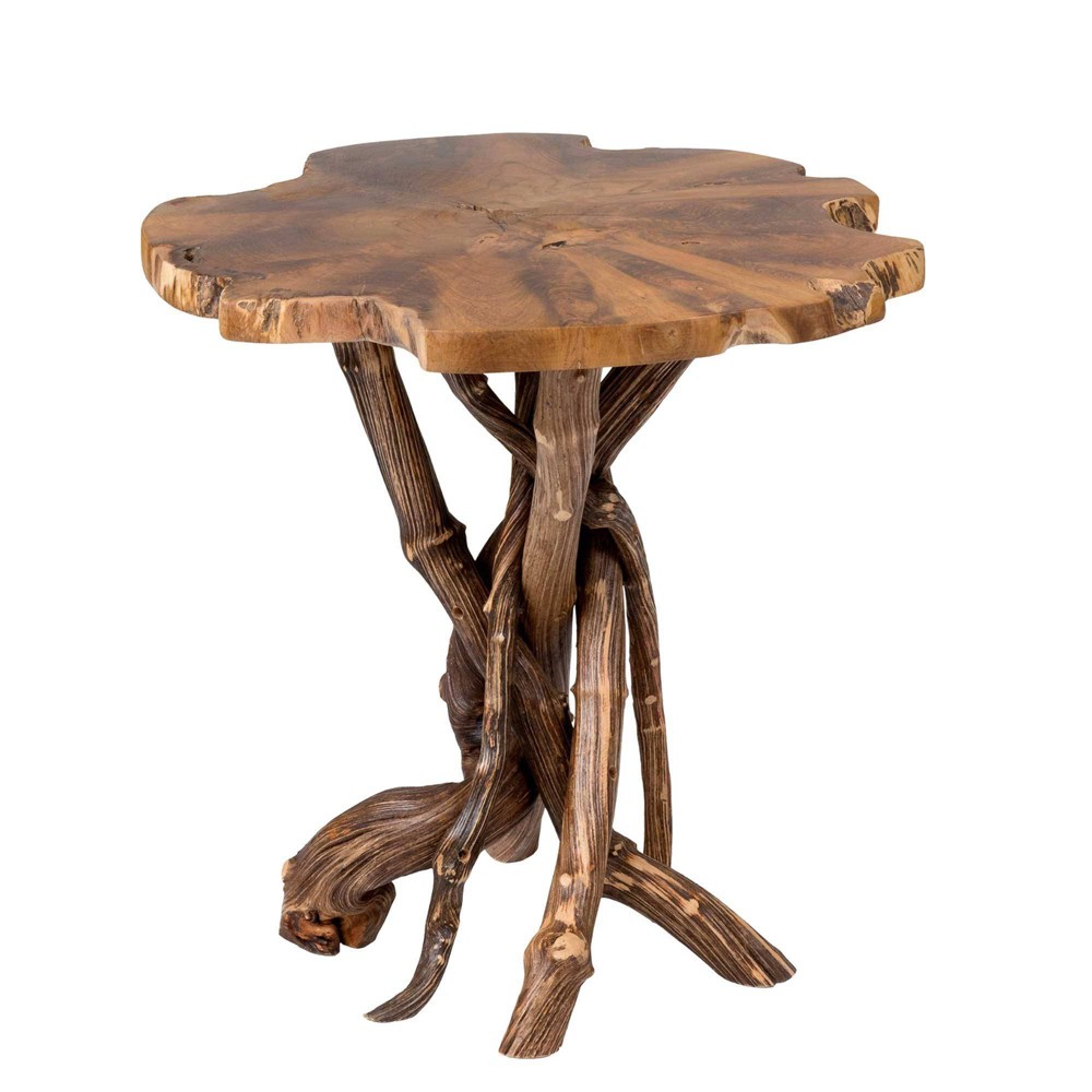 East at Main 22.83 Roell Teak Top Side Table: Unique Pedestal, Reclaimed Wood