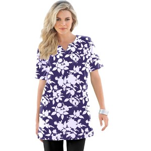Roaman's Women's Plus Size Print Notch Neck Soft Knit Tunic - 1 of 4